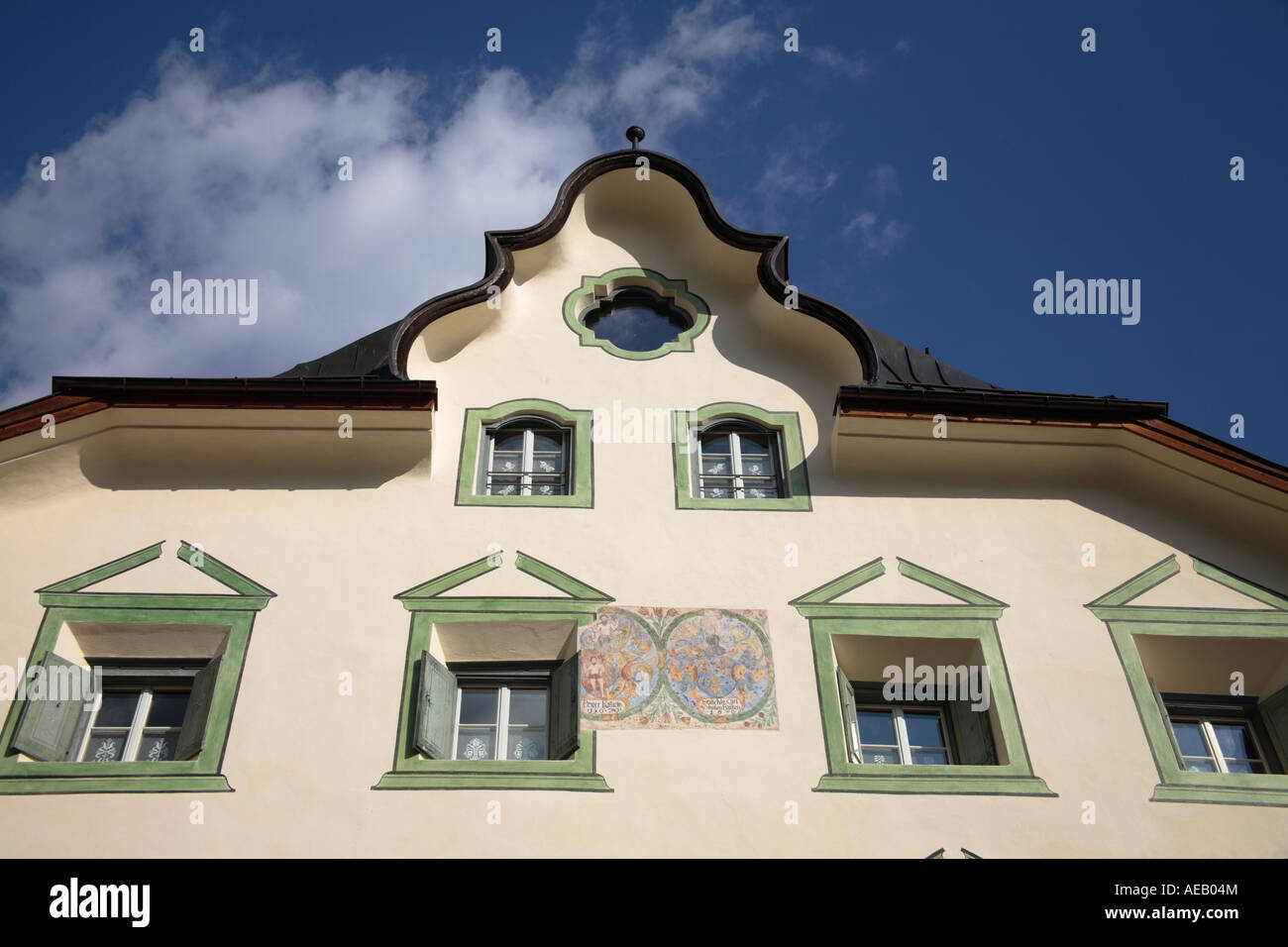 Architectural detail of a traditional house, Scuol, Switzerland Stock
