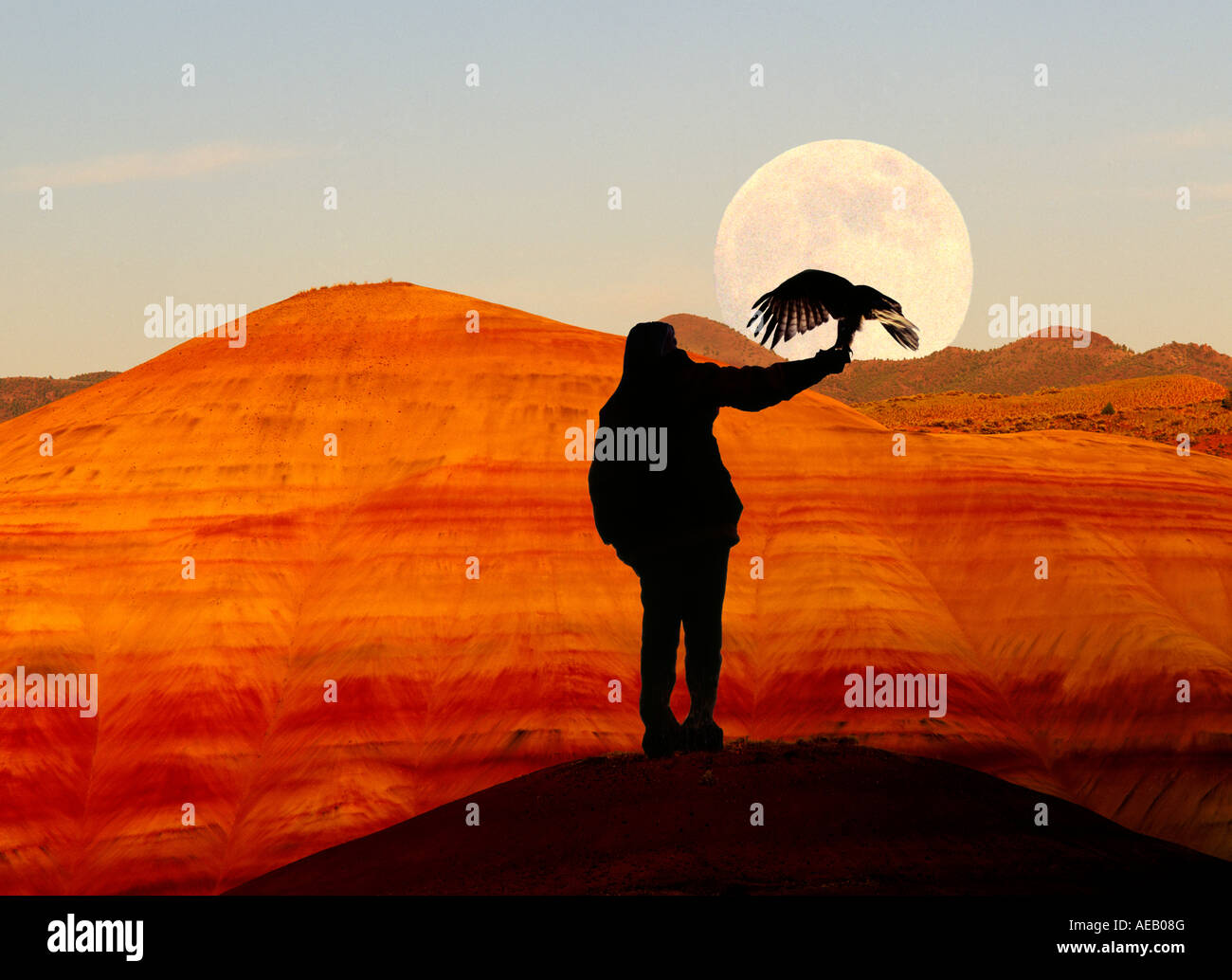 A falconer holds her red tailed hawk as the full moon sets over the red mud of John Day Fossil Beds in central Oregon Stock Photo