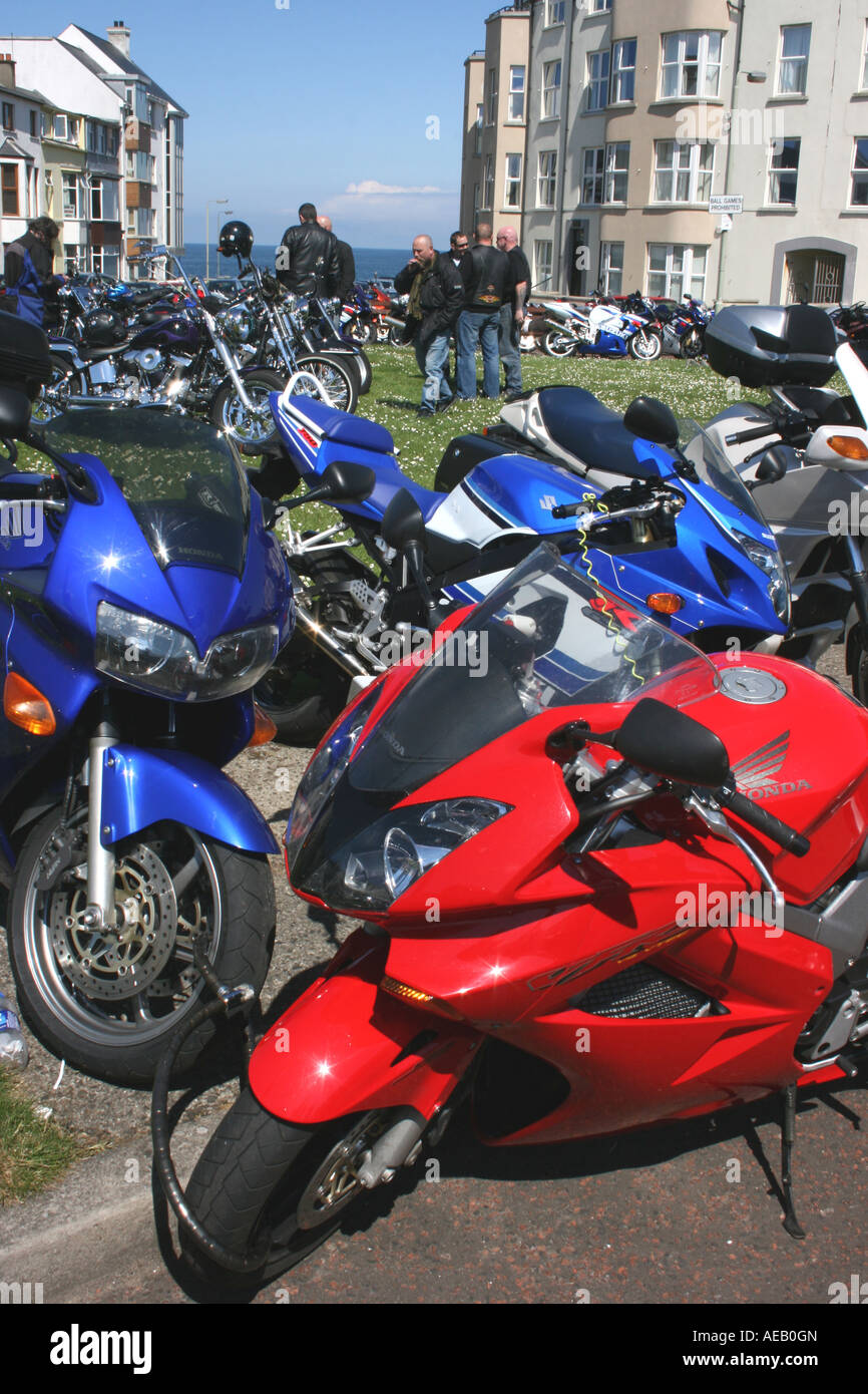 motorcycles parked in town of Portstewart for North West 200 races