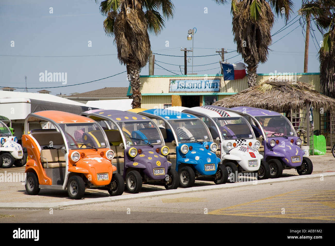 Novelty cars to rent for tourists Port Aransas on north end of Mustang