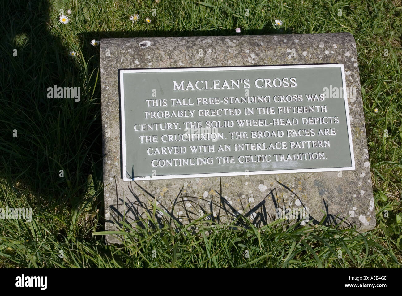Maclean Cross Plaque below Macleans 15th century medieval celtic cross outside Parish ...