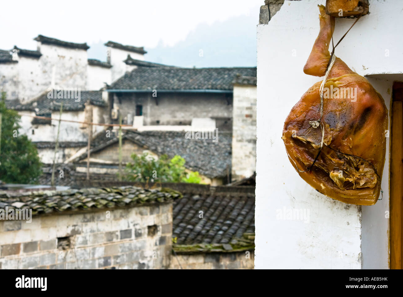 Pork Hind Quarter Drying Ancient Huizhou Style Chinese Village Xidi China Anhui Province Stock Photo