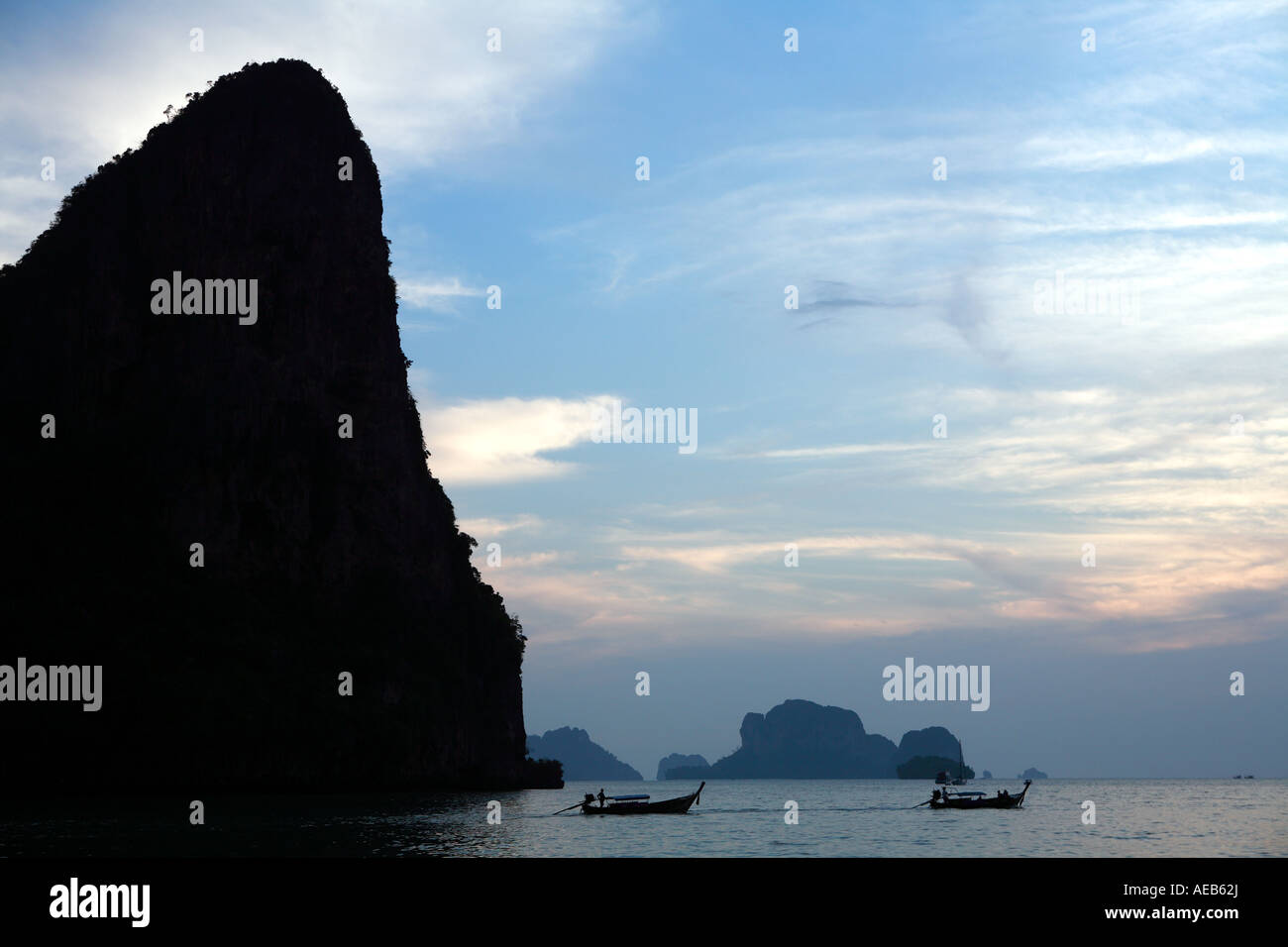 Long tail boats in the late afternoon at Railay, Thailand Stock Photo