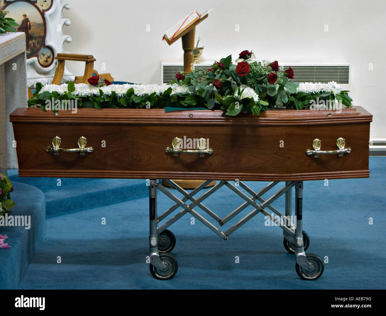 UK. A coffin resting in church the night before the funeral service