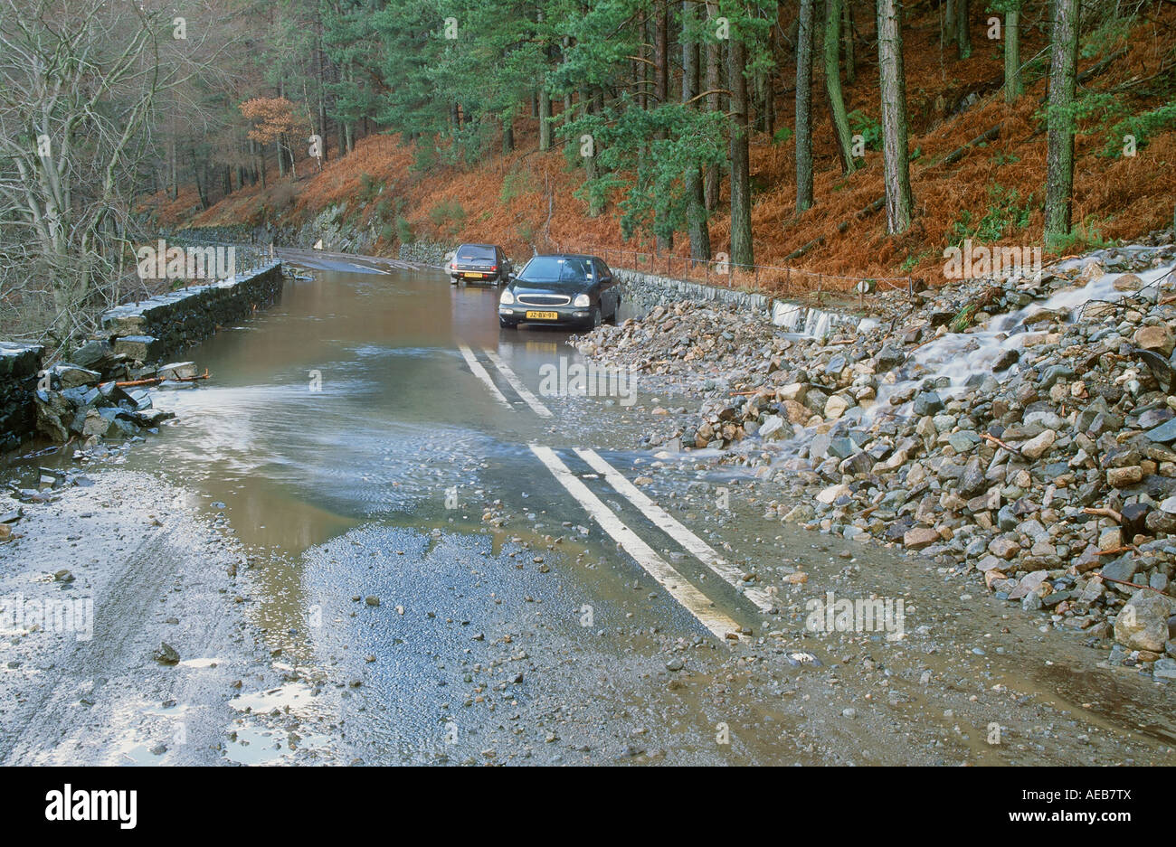 The A591 road between Ambleside and Keswick blocked by a landslide