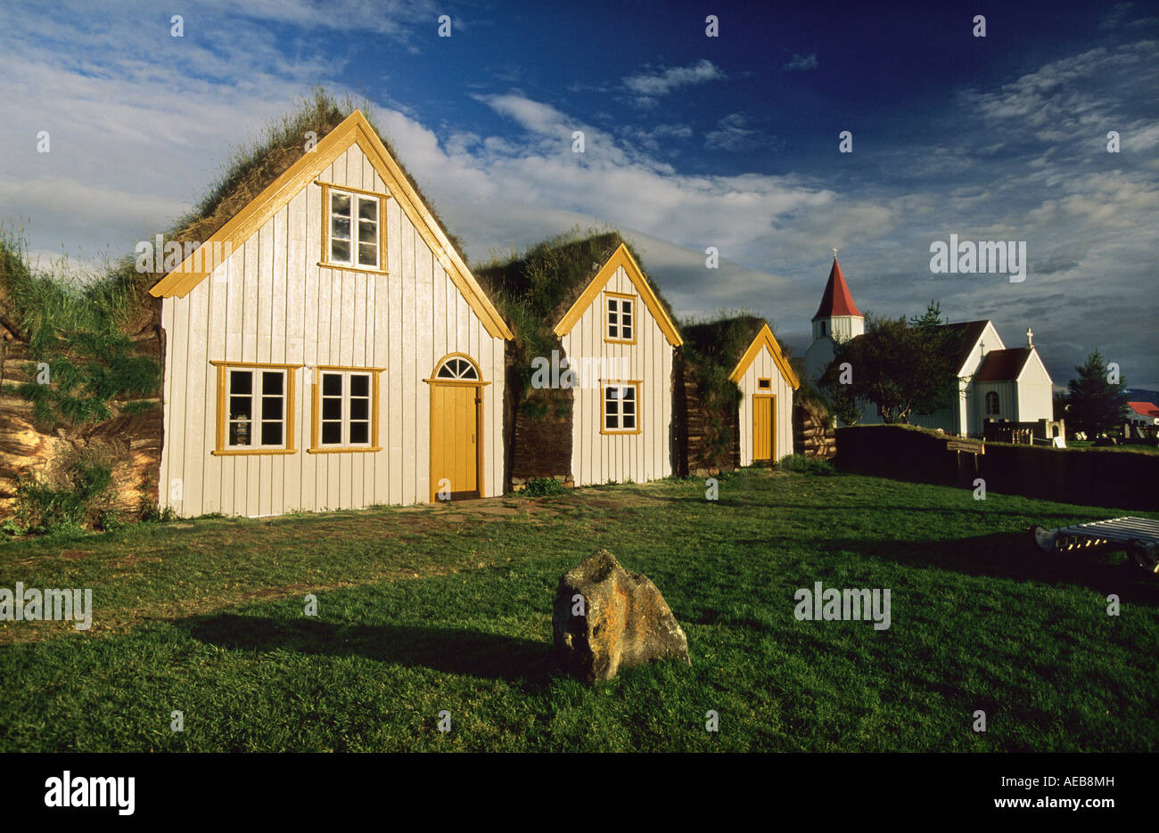 Iceland Varmahlid Varmahlith Turf roofed farms against sky Stock Photo