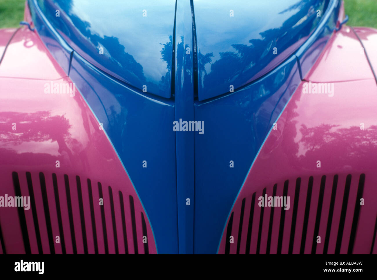 Canada Ontario Niagara on the Lake close up detail of front grille of antique car painted pink and blue Stock Photo