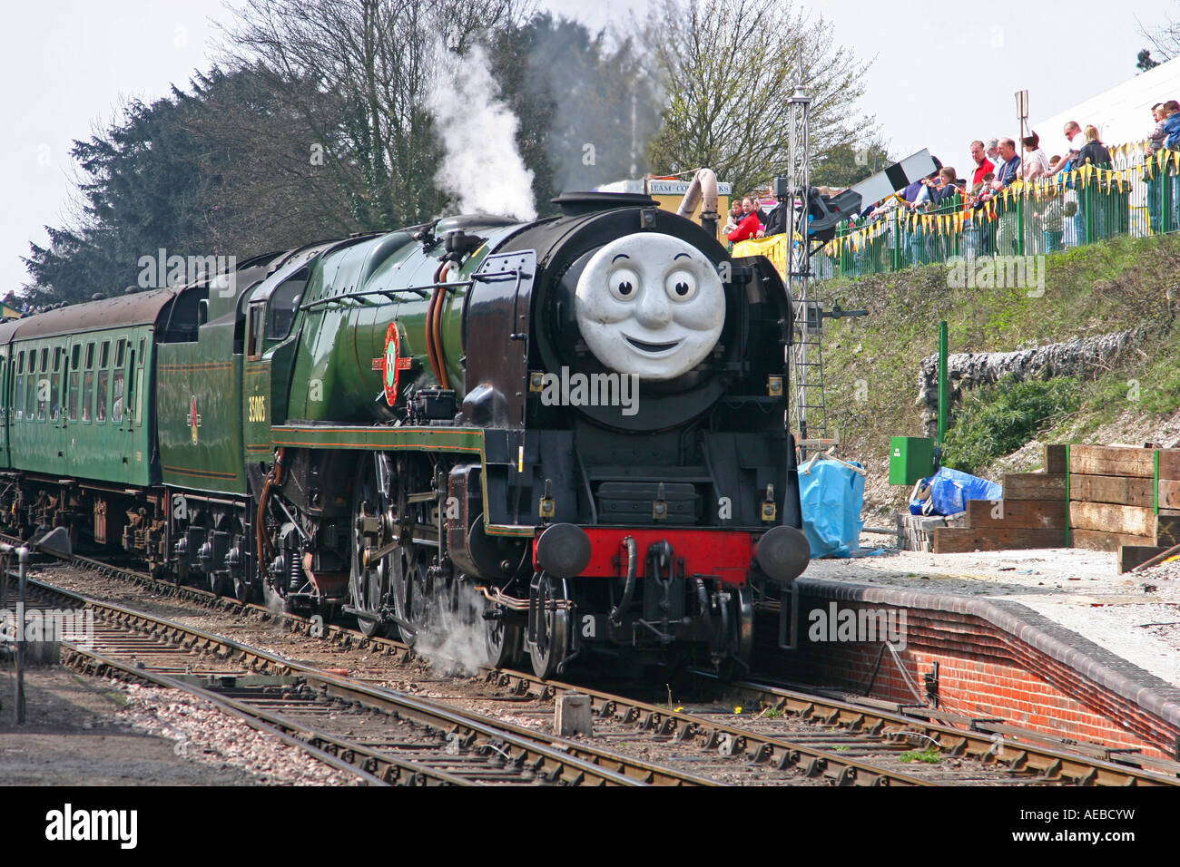 Western Pacific steam locomotive with Thomas the Tank engine-style face Stock Photo