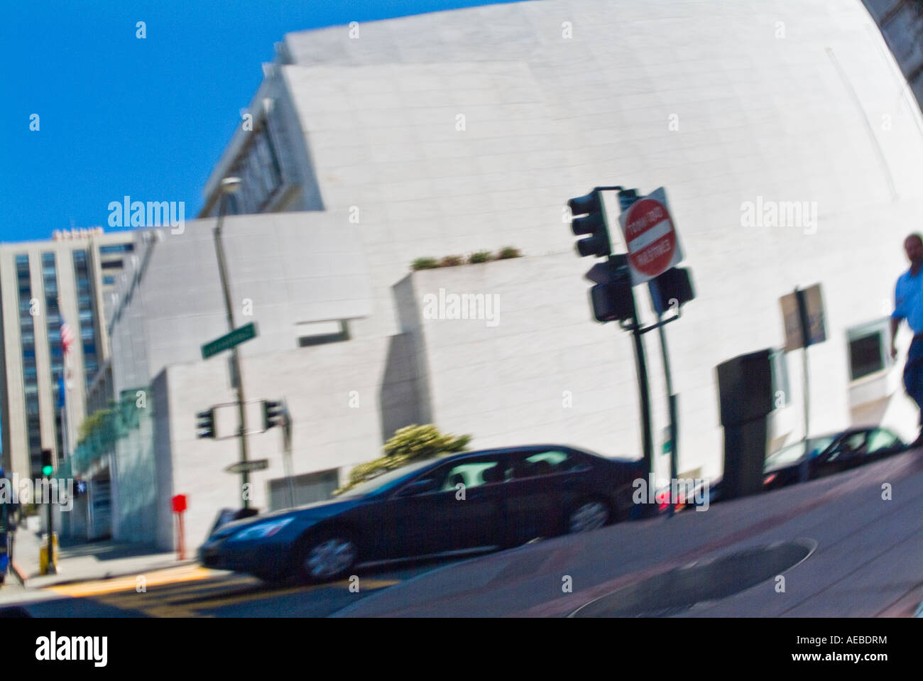 Blurred reflection of urban building in car window Stock Photo