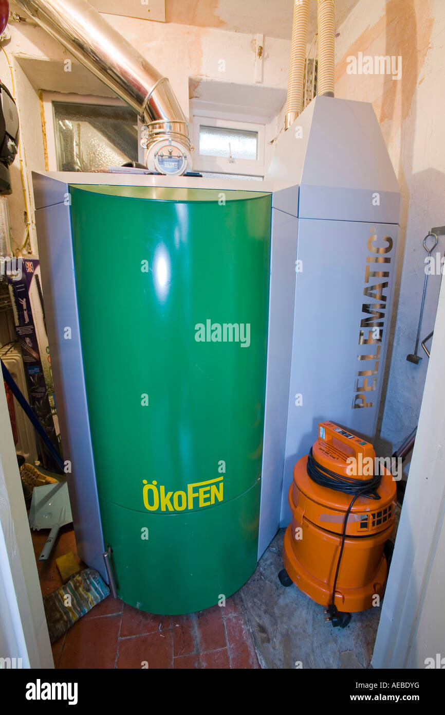 A fuel efficient wood pellet boiler which produces carobn neutral heating  Stock Photo - Alamy
