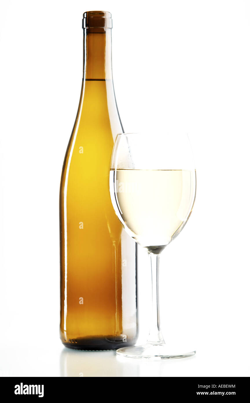 still life with white wine on the white background Stock Photo