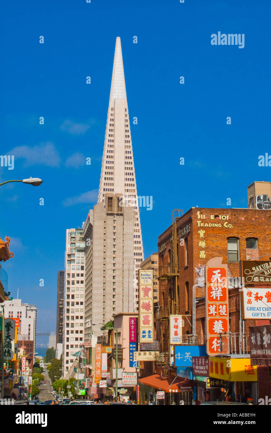 Transamerica building and Chinese sign on facade in Chinatown San Francisco California USA Stock Photo