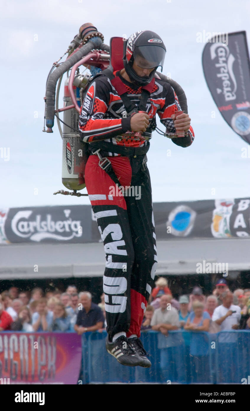 UNITED KINGDOM, ENGLAND, 18th August 2007. Eric Scott demonstrates a jet powered backpack with 'Go Fast'. Stock Photo