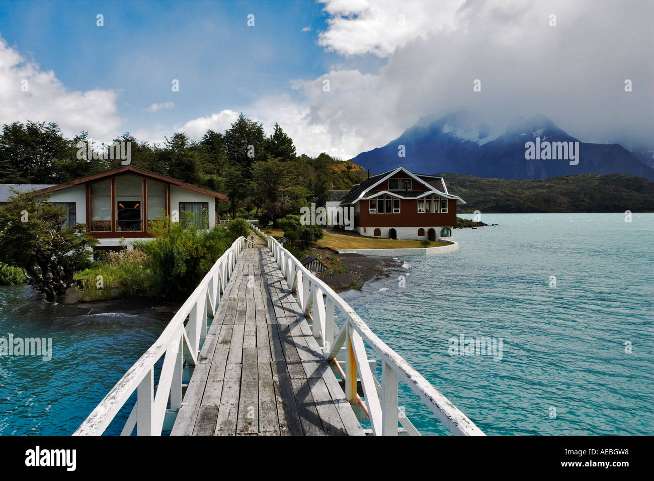 Walkway leading to Hosteria Pehoè Torres del Paine National Park Chile South America Stock Photo