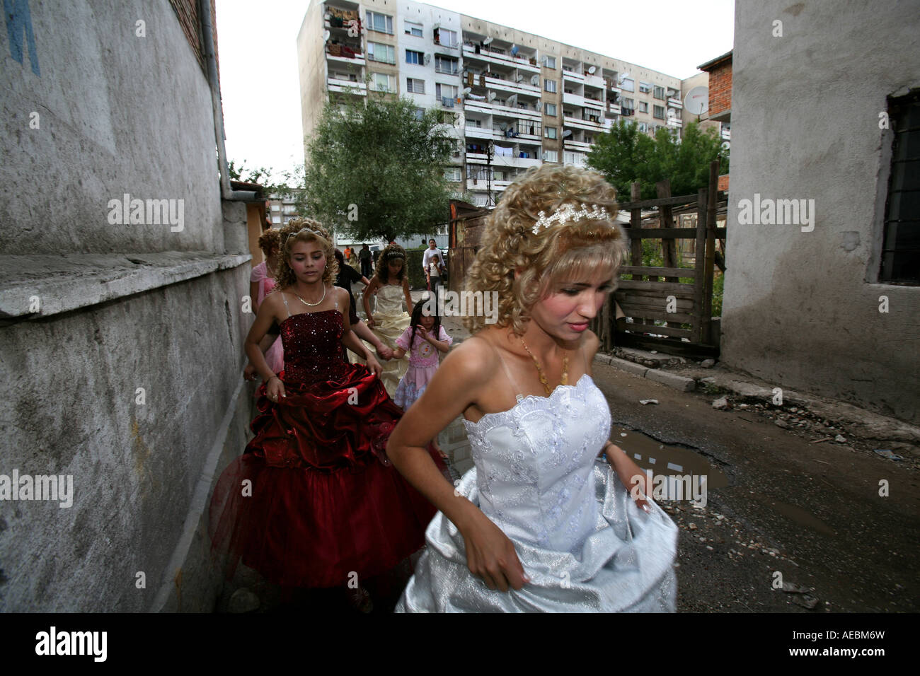 A gypsy wedding is based on music dance and lots of alcohol The bride and groom take their families into the streets and dance Stock Photo