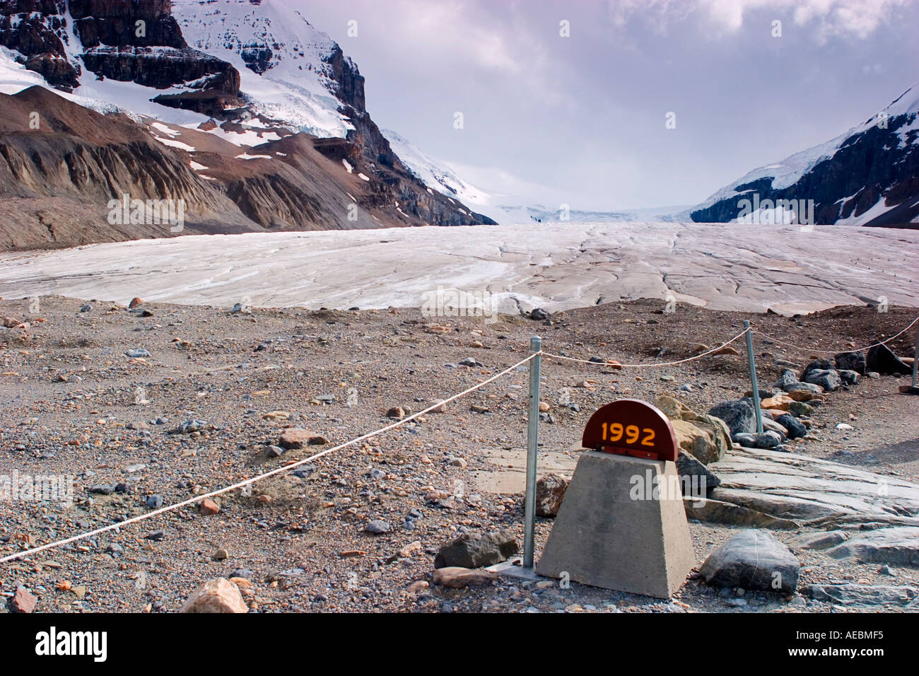 Receding Columbia Icefield glacier, Jasper, Alberta Stock Photo