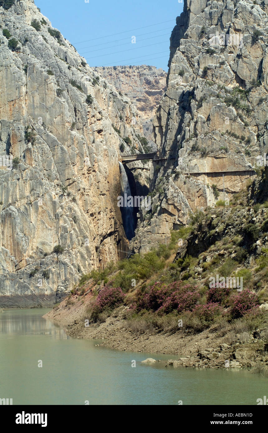 Waterfall at Desfiladero de los gaitanes and The Kings Pathway Caminito del ray Andalusia Spain Stock Photo