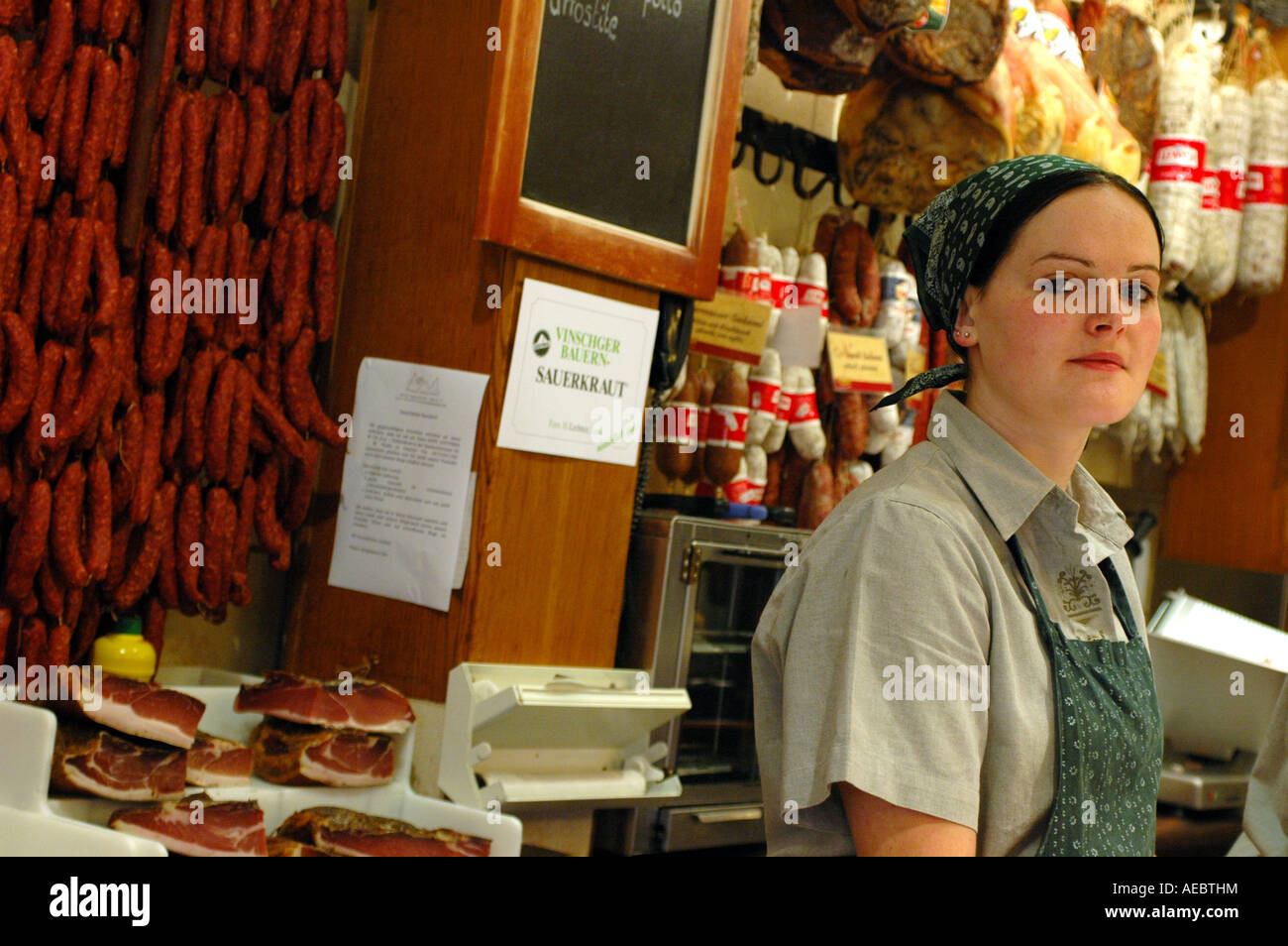 A young shopkeeper in one of Merano's most famous deli shops Stock ...