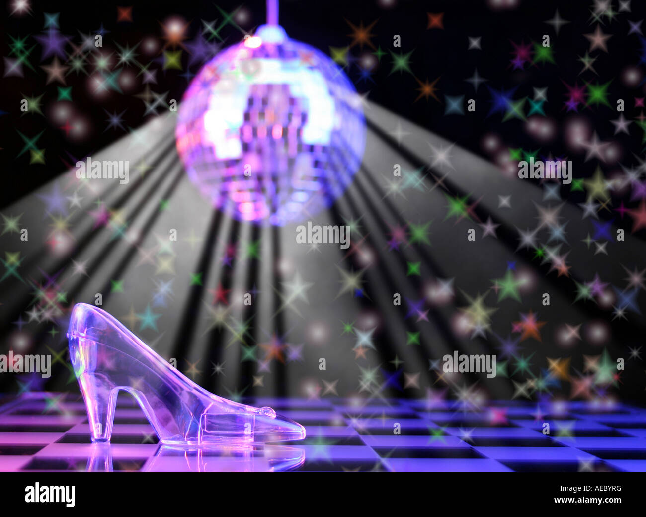 Glass Slipper With Disco Ball in Background Shallow DOF Stock Photo