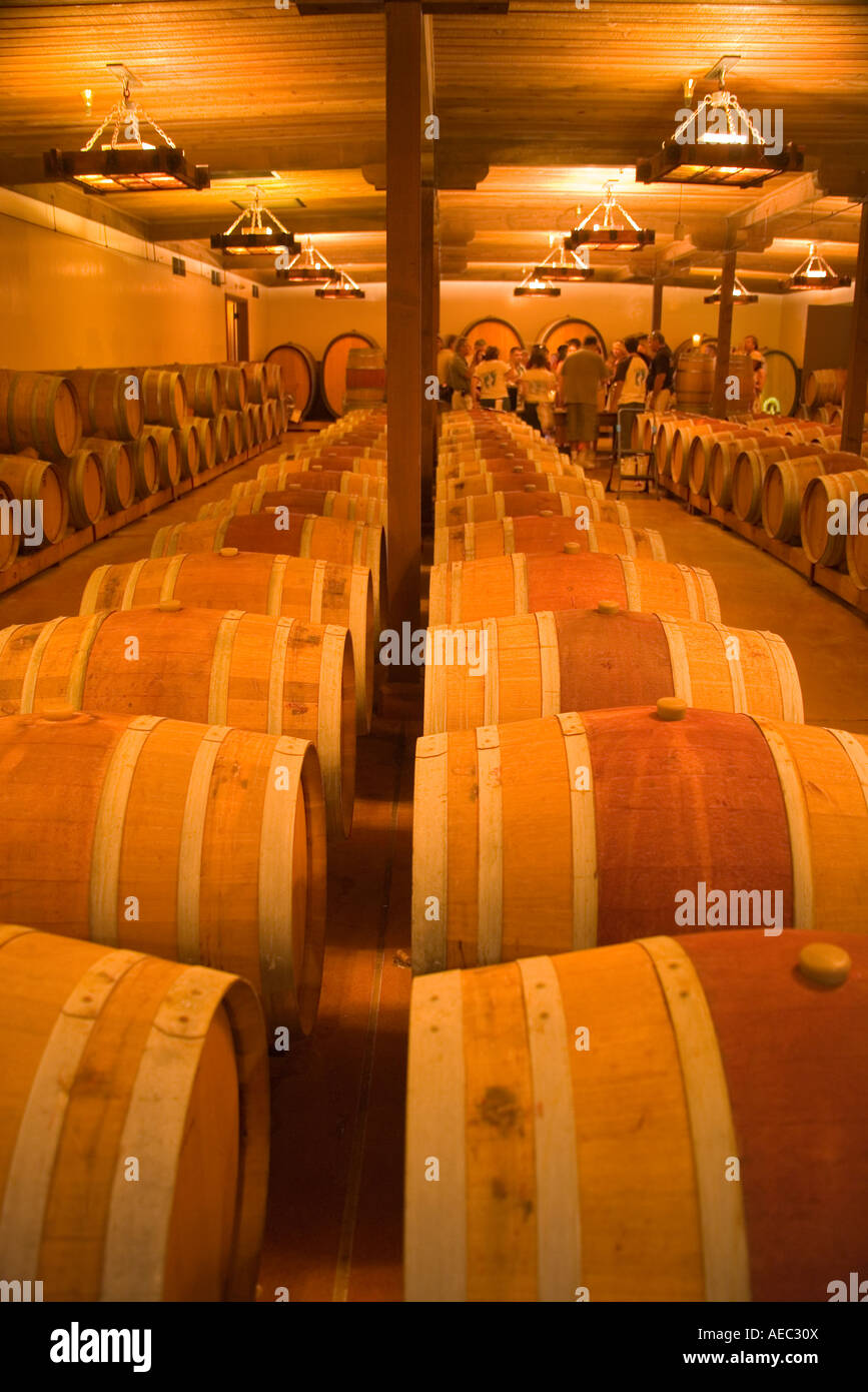 wine tasting in the barrel aging room Gainey Crush Party Gainey Vineyard Santa Ynez Valley near Santa Barbara California Stock Photo