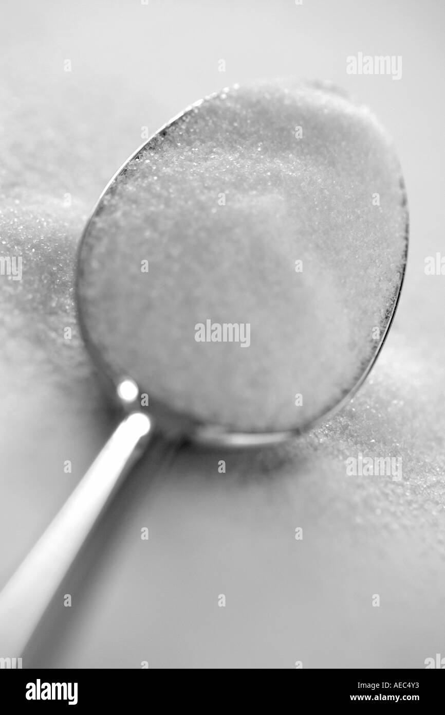 Close up of sugar or salt on stainless steel spoon laying on worksurface covered with sugar or salt Stock Photo