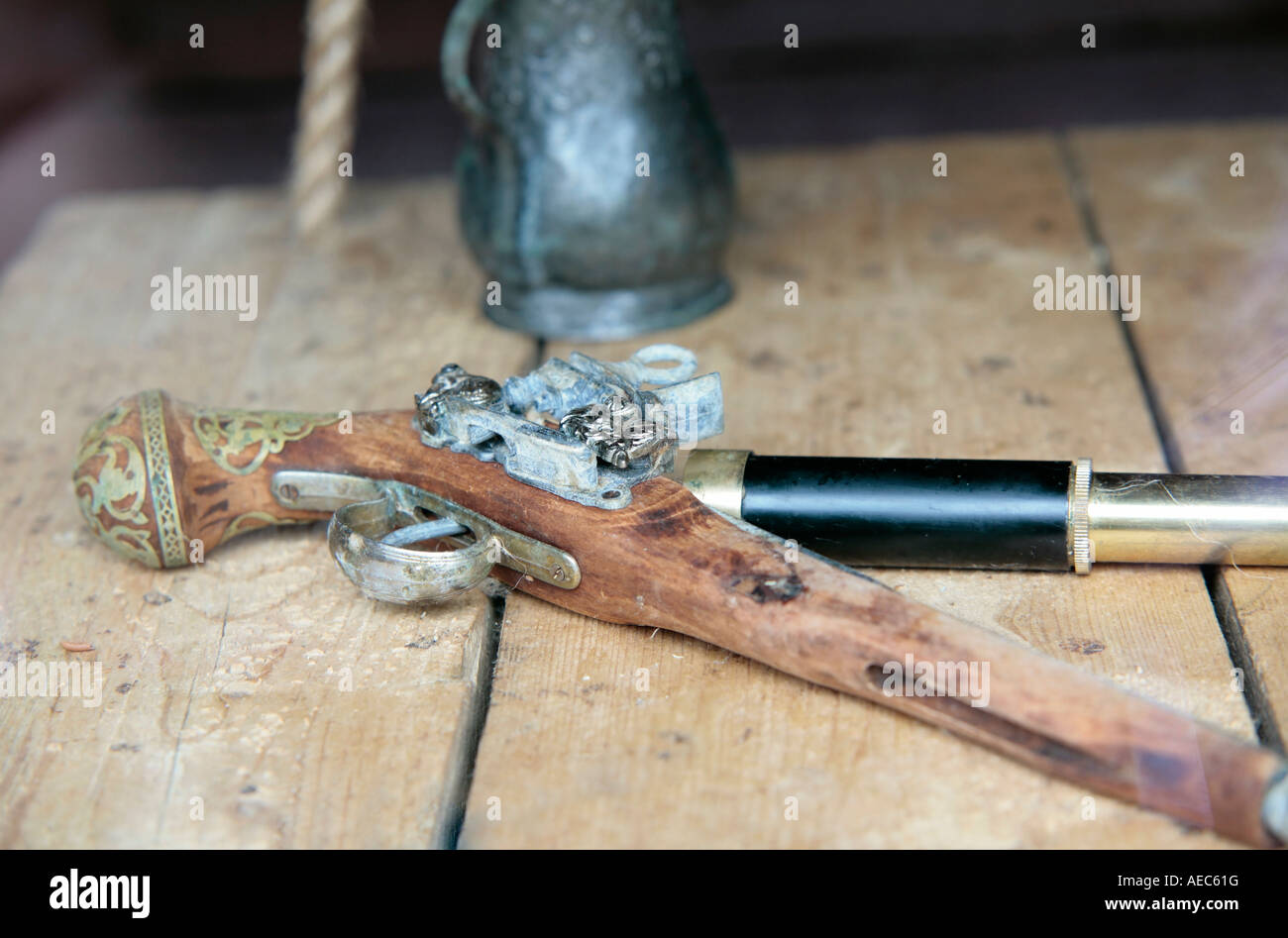 Fake wooden gun fashioned to look like a pirate's gun. Stock Photo