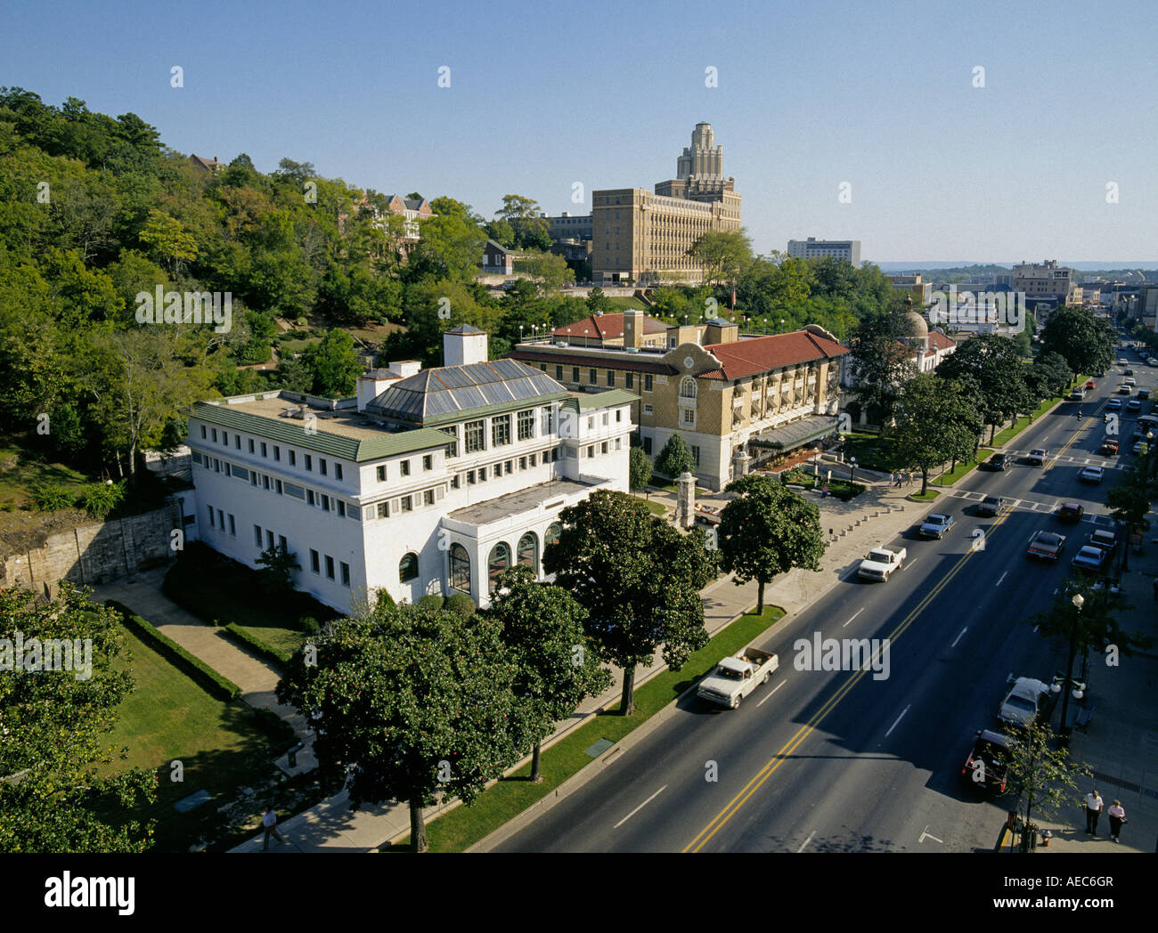 A view of bath houses on the main street Bath House Row in Hot Springs National Park, Arkansas. Stock Photo