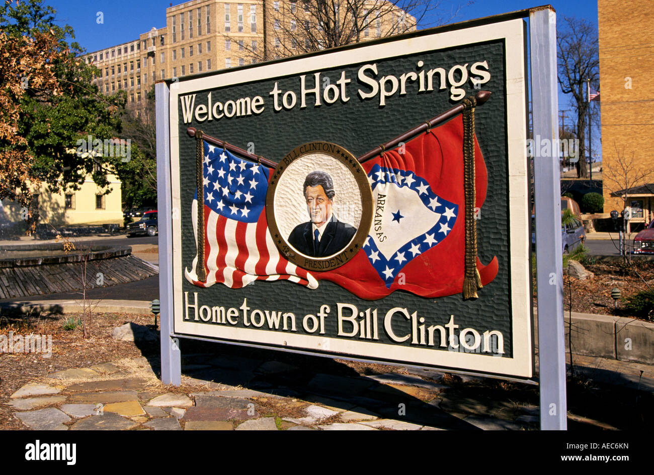 A sign in downtown Hot Springs, Arkansas, denotes that the town is the