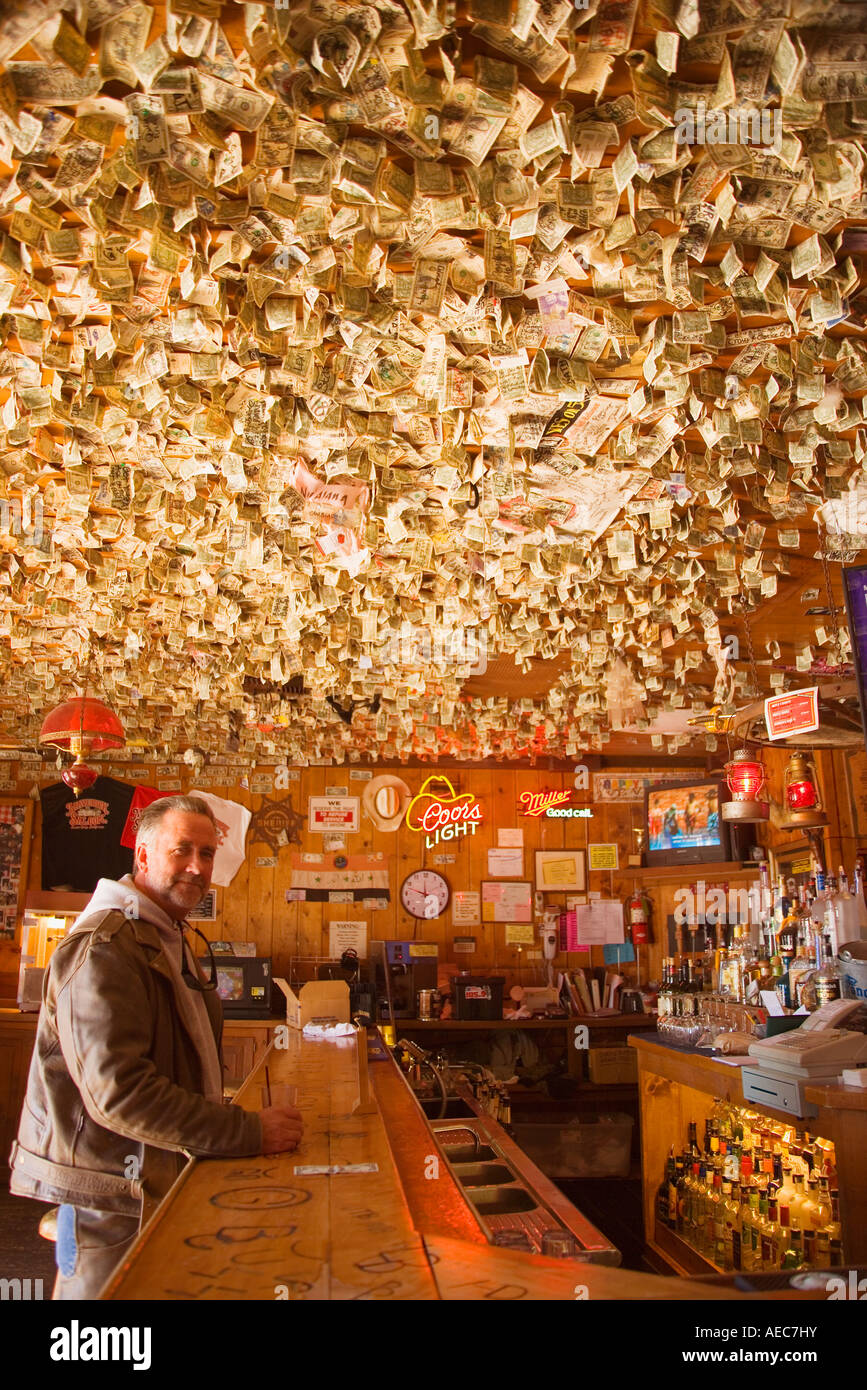 signed dollar bills cover the ceiling of the Maverick Saloon Old Town Santa Ynez Santa Ynez Valley California Stock Photo