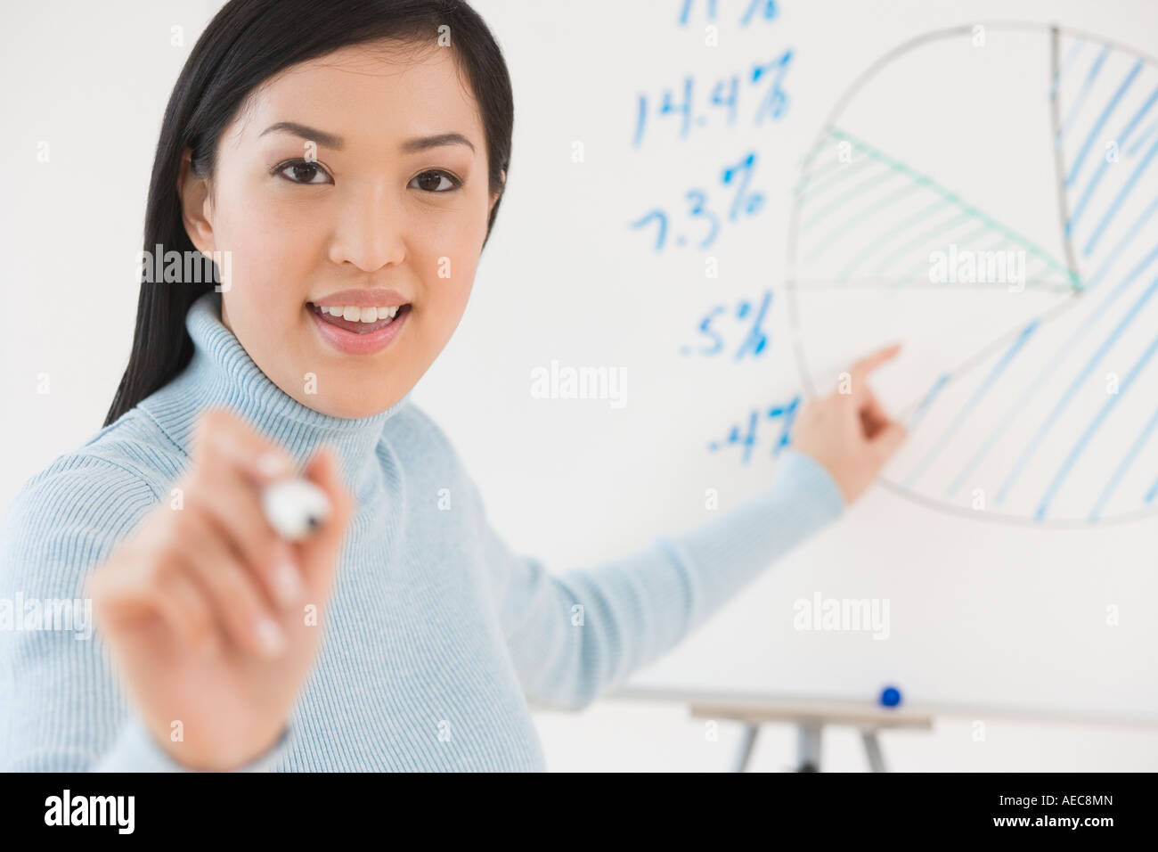 Asian businesswoman pointing to white board Stock Photo