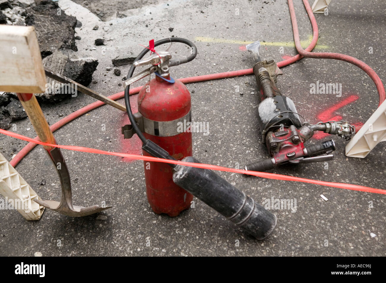 fire extinguisher used in roadworks in New York City USA 2006 Stock Photo