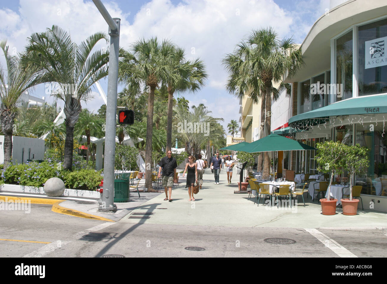 people strolling on sidewalk amid palm trees Stock Photo - Alamy
