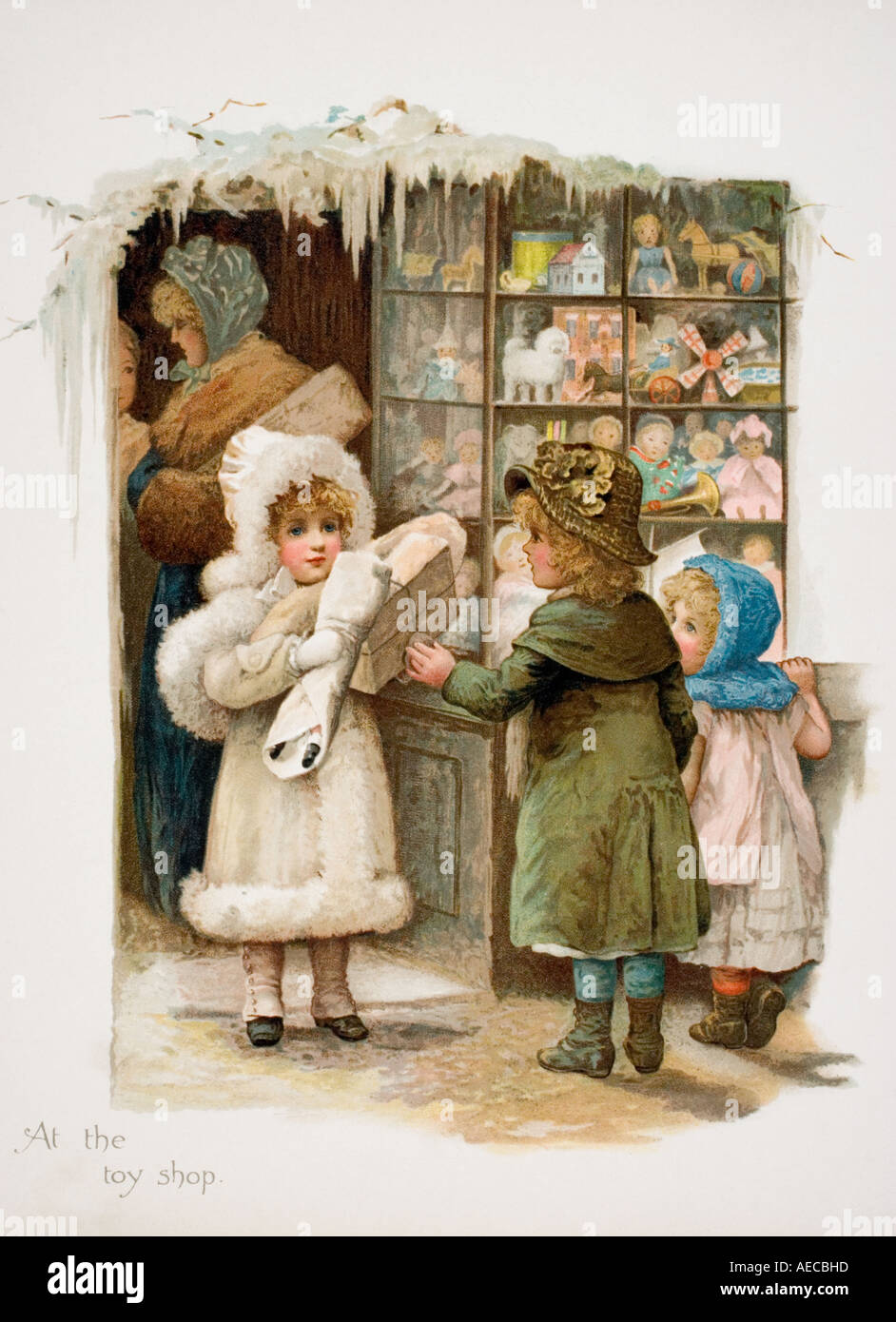 At the Toy Shop, from Golden Playhours illustrated by Harriet Bennett circa 1863 Stock Photo