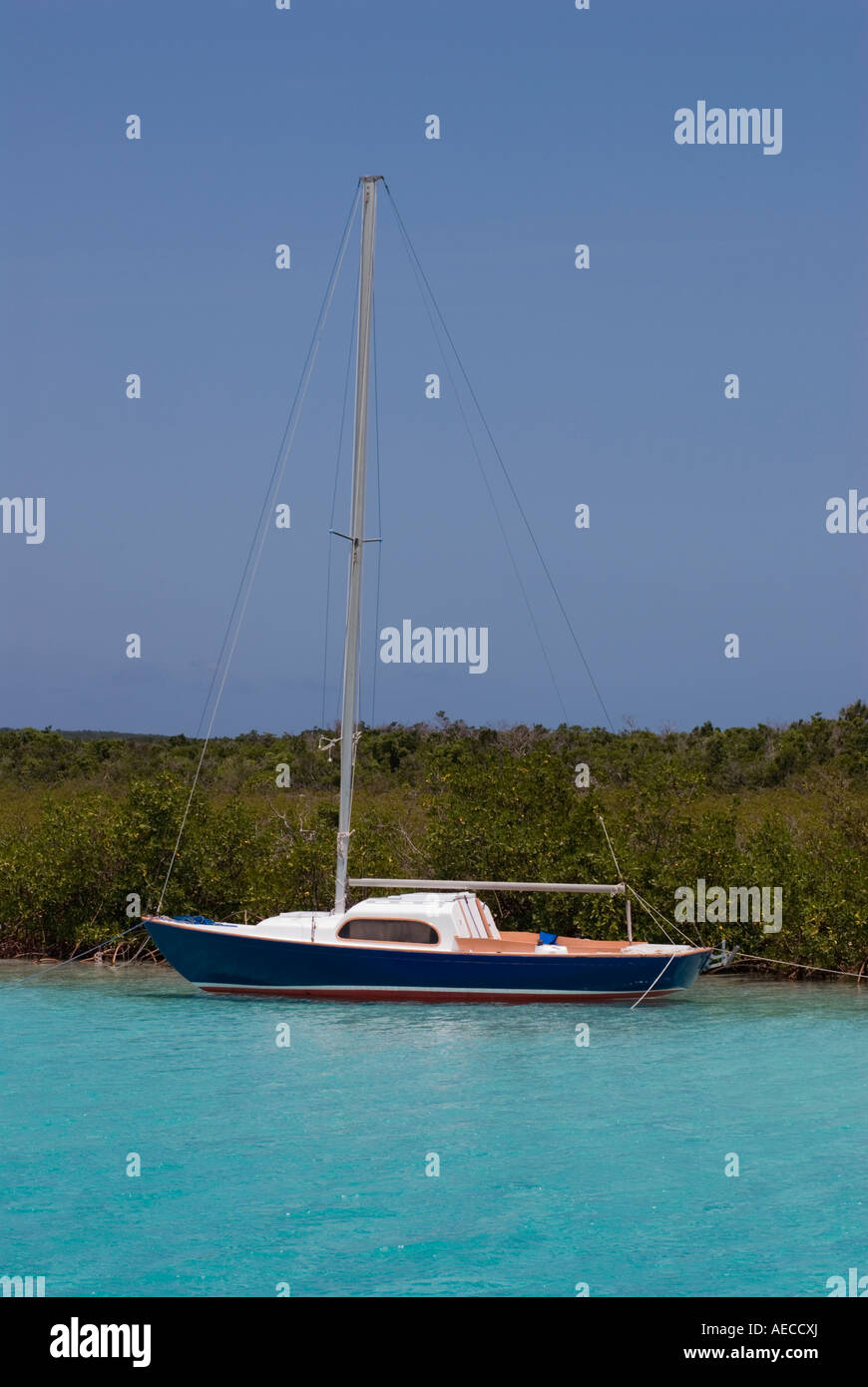 Boat in Hawk's Nest Marina, Hawk's Nest, Cat Island, Bahamas Stock