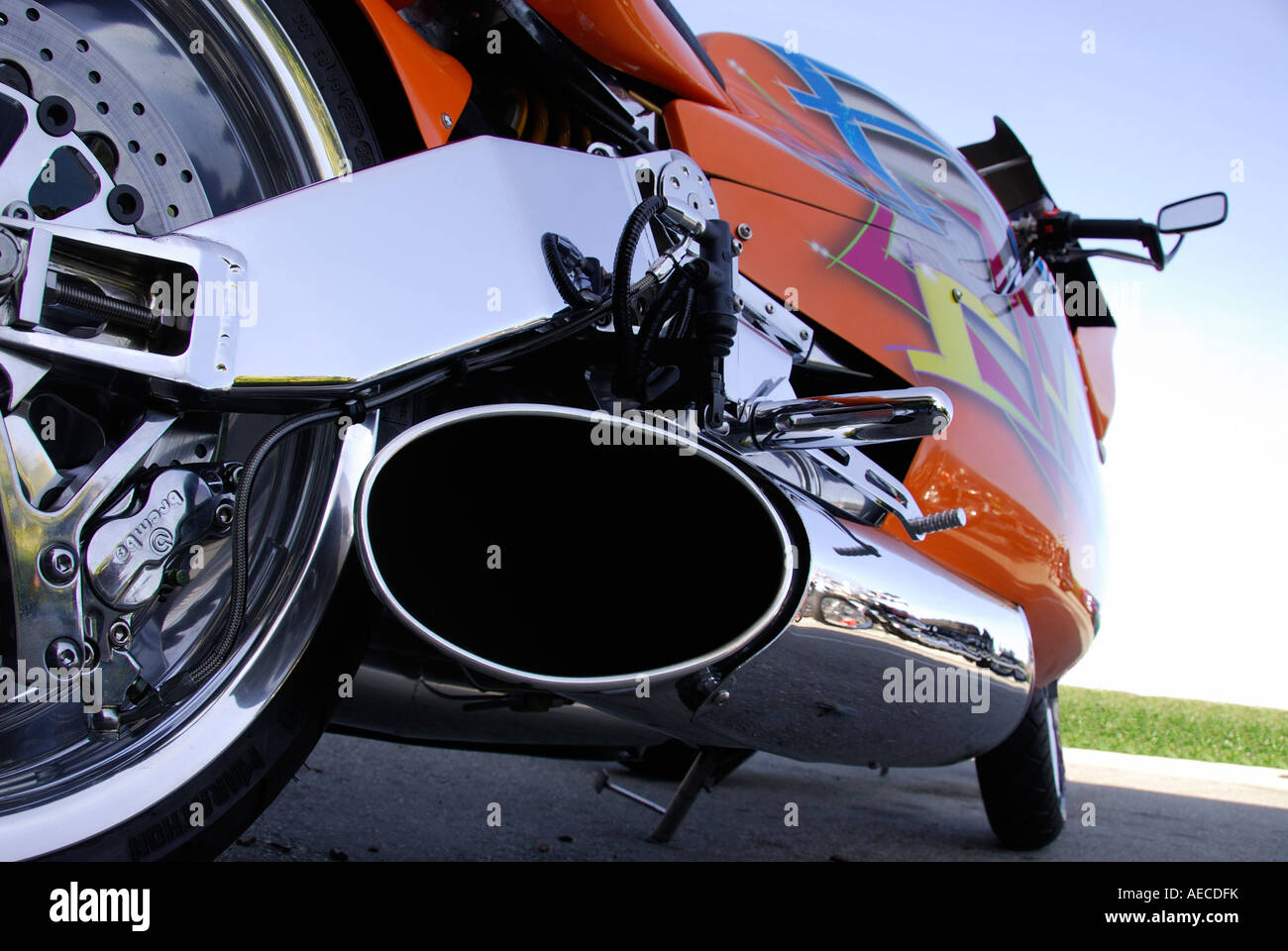 "Exhaust pipe of "gas turbine" powered motorcycle, California Stock
