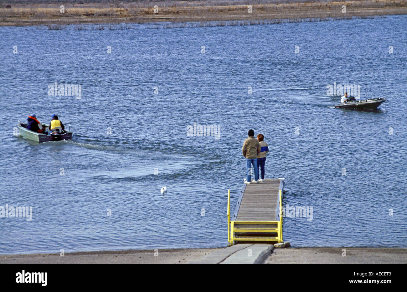 Boats, people at Calliham Unit of Choke Canyon Reservoir, Texas, USA Stock Photo