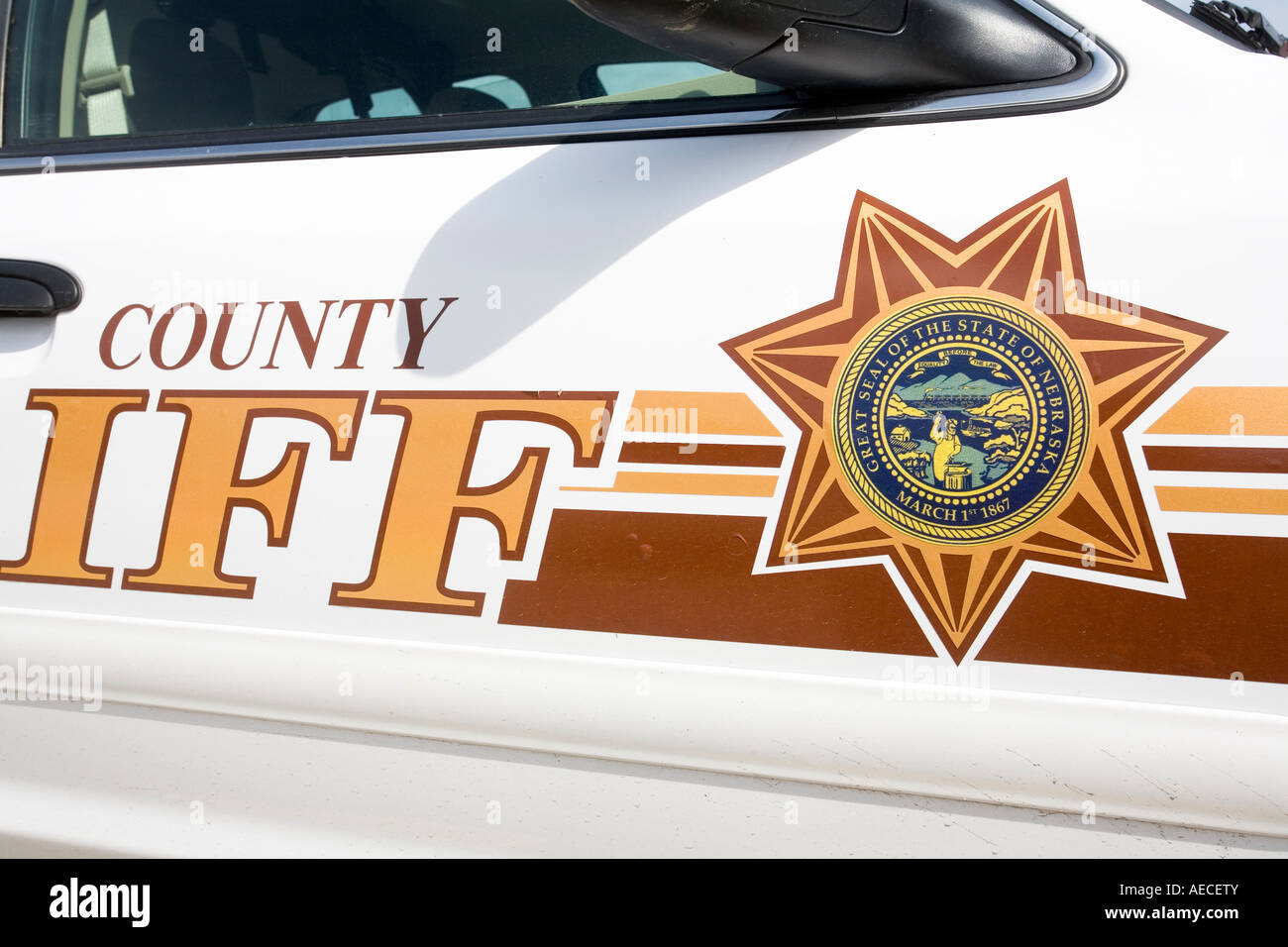 Identifying lettering and Nebraska State Seal on Ford Crown Victoria Police Interceptor from Saline County Sheriff s Office Stock Photo