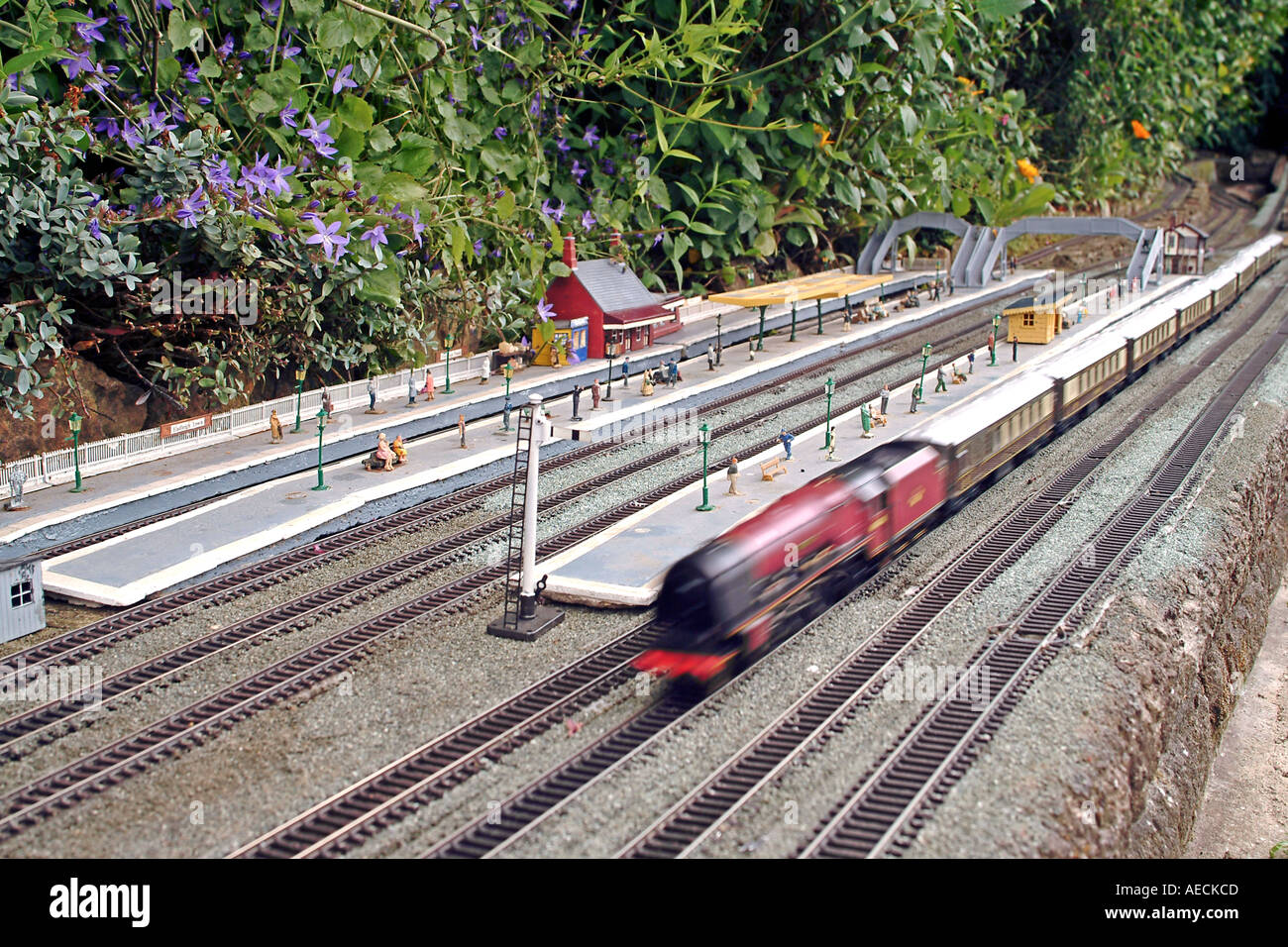 An outdoor model train setup including platform and passengers Stock