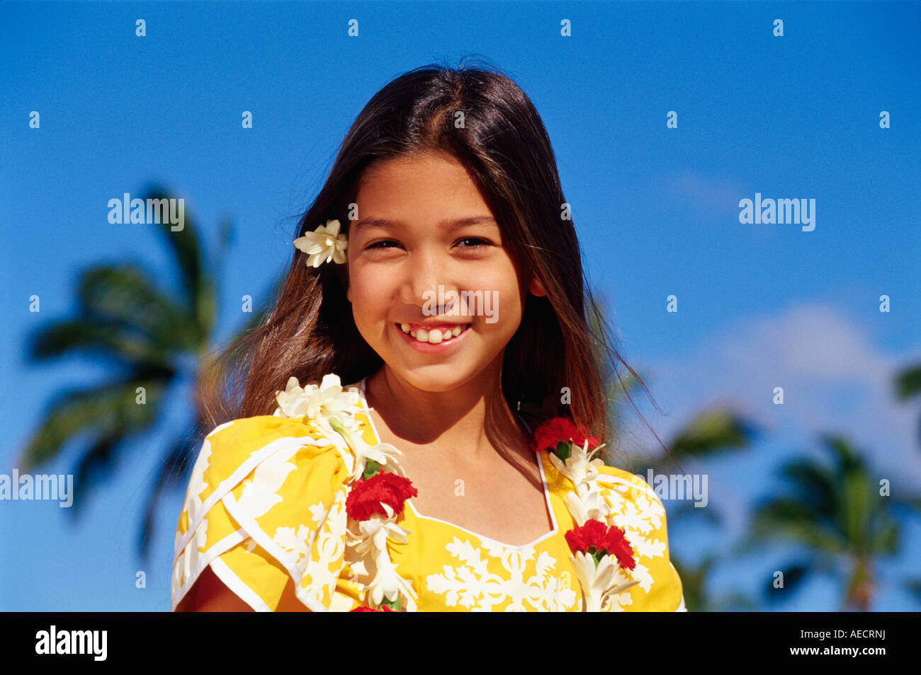 Full Length Portrait Of Beautiful Emotional Coquette Girl With Pretty Smile  In Pinup Style Demonstrating Hawaiian Flowers Necklace, Sunglasses On Face,  Isolated On Blue Stock Photo, Picture and Royalty Free Image. Image