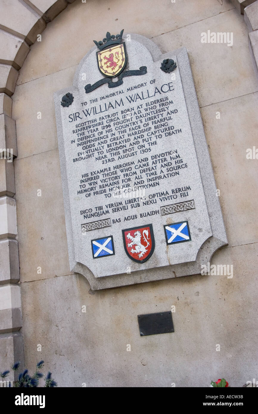 Memorial plaque to Sir William Wallace executed 1305 in West Smithfield London Stock Photo