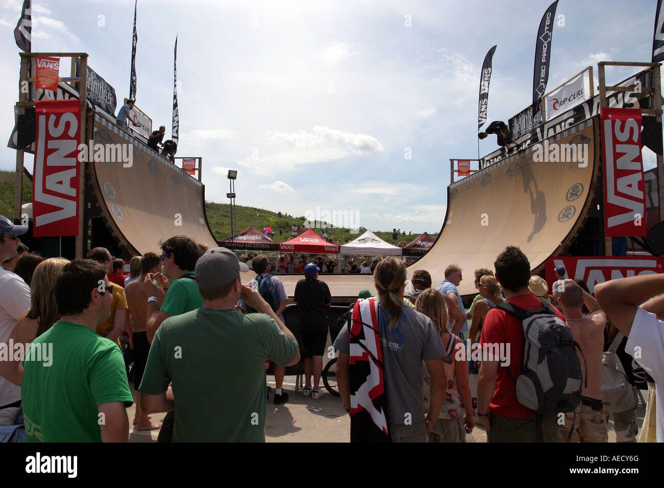 Crowd watching skateboarder on vert ramp at Rip curl festival Fistral