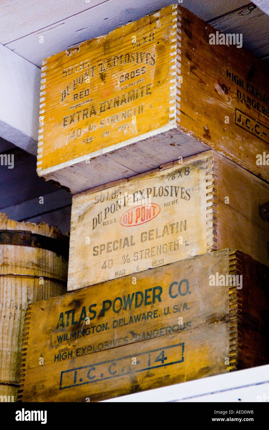 Old dynamite and powder boxes found in Chloride New Mexico a ghost town abandoned when the silver mine went out of business Stock Photo