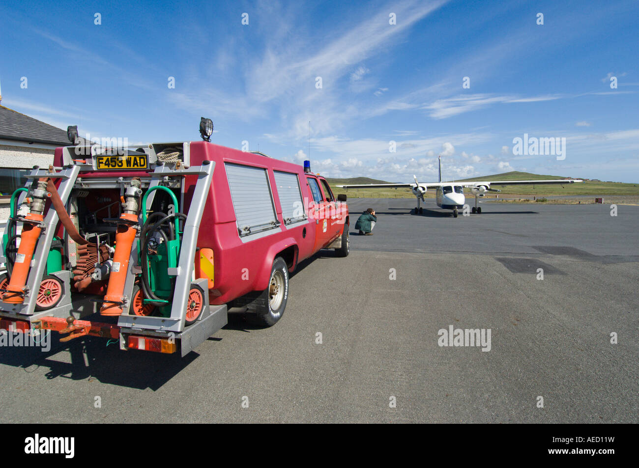 Firemen truck at the Tingwall airport, Mainland Shetland, UK Stock Photo