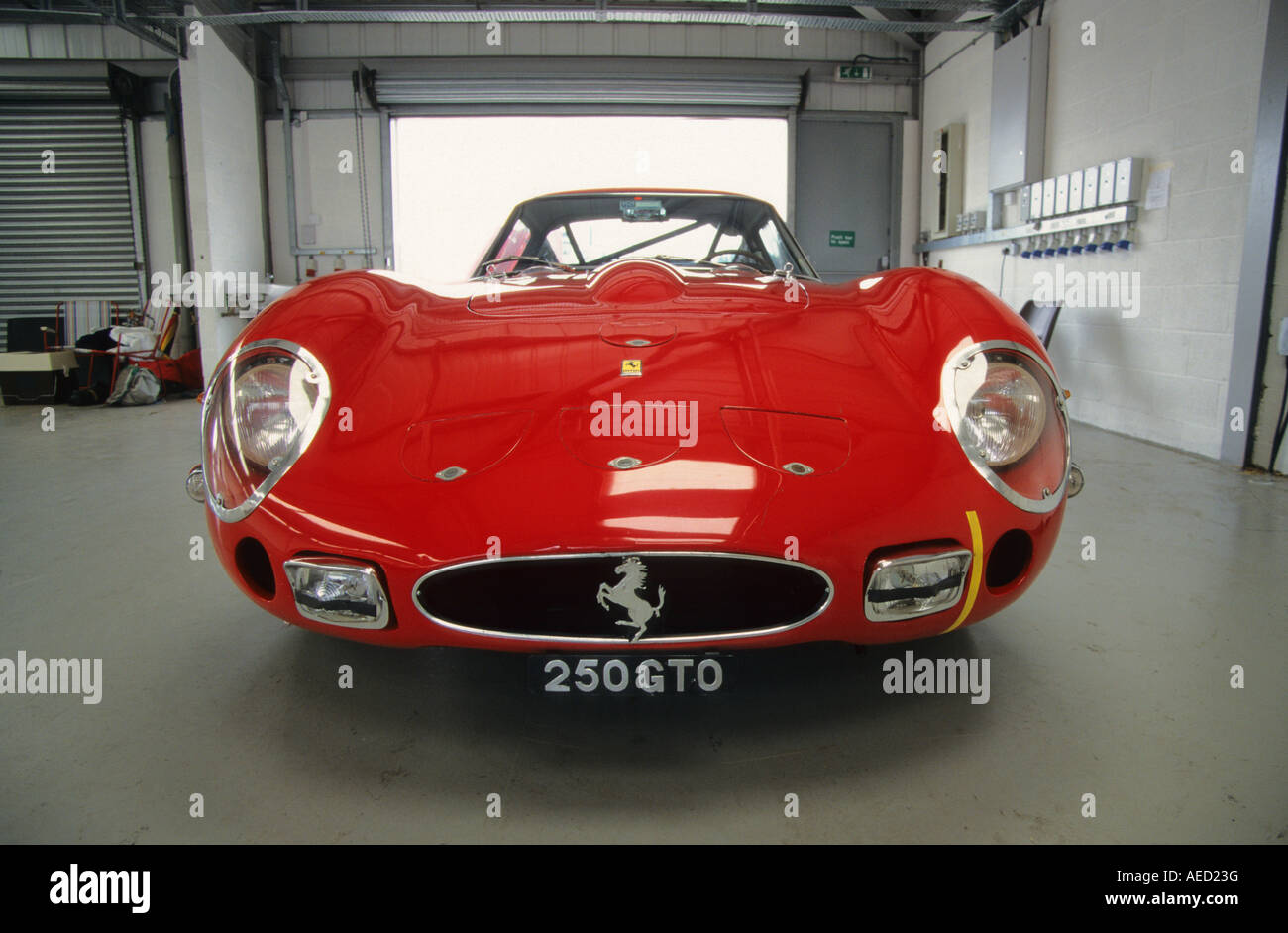 Ferrari 250GTO Berlinetta. Introduced 1962. front shot view angle aspect perspective headon head on low wide dramatic garage Stock Photo