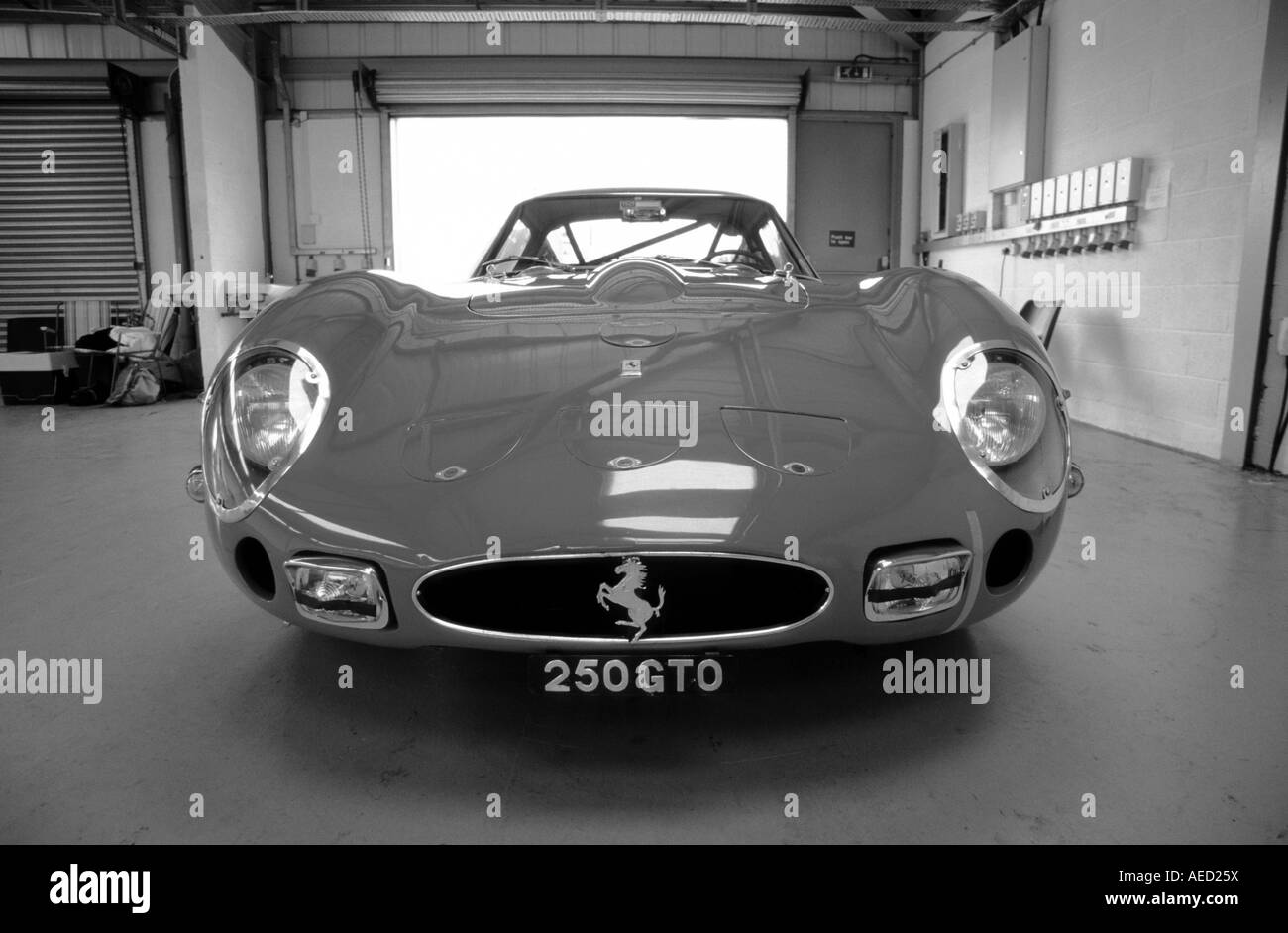 Ferrari 250GTO Berlinetta. Introduced 1962. front shot view angle aspect perspective headon head on low wide dramatic garage Stock Photo