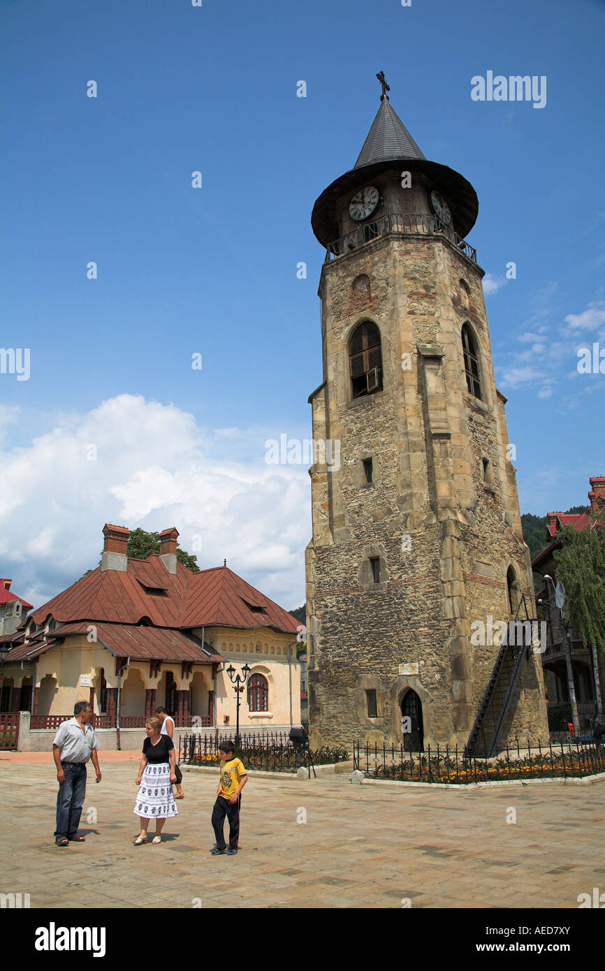 Ethnographic Museum, Saint John the Baptist Church clock tower, Piata Libertatii, Piatra Neamt, Moldavia, Romania Stock Photo
