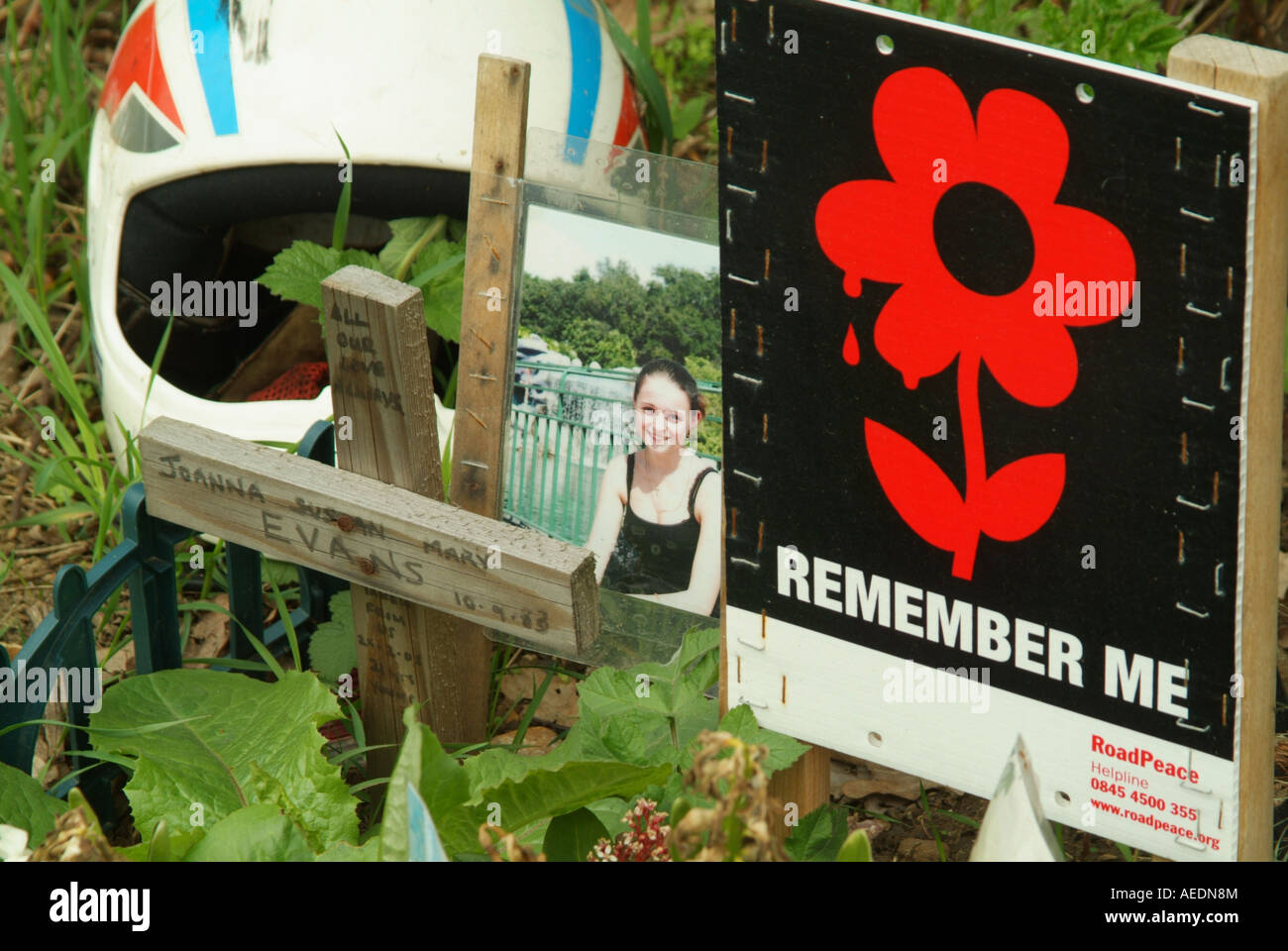 A road-side memorial to a young girl killed in an accident involving a motor bike. Stock Photo