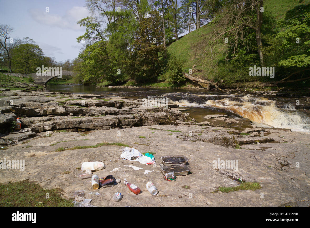 Litter left behind at a beauty spot Stainforth Ribblesdale North Yorkshire England Stock Photo