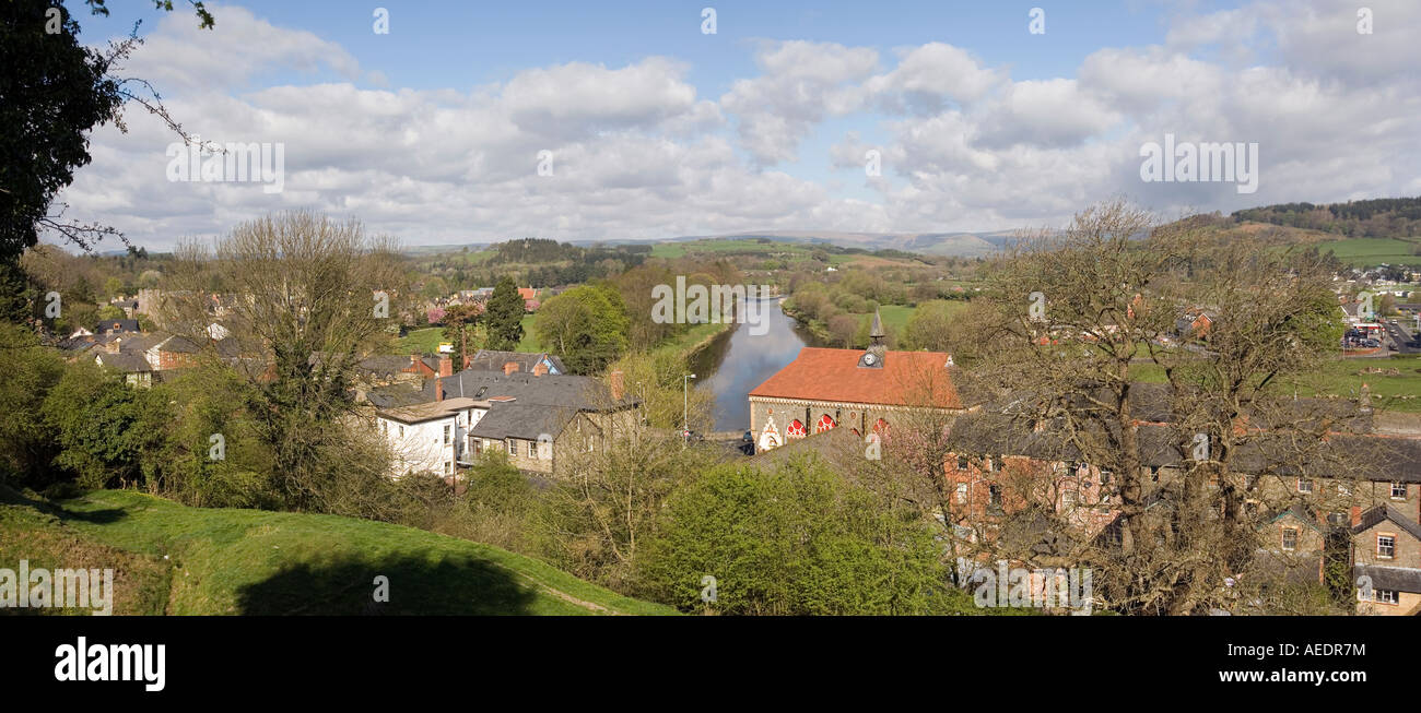 UK Wales Powys Builth Wells River Wye and Wyeside Arts Centre from the castle mound panoramic Stock Photo