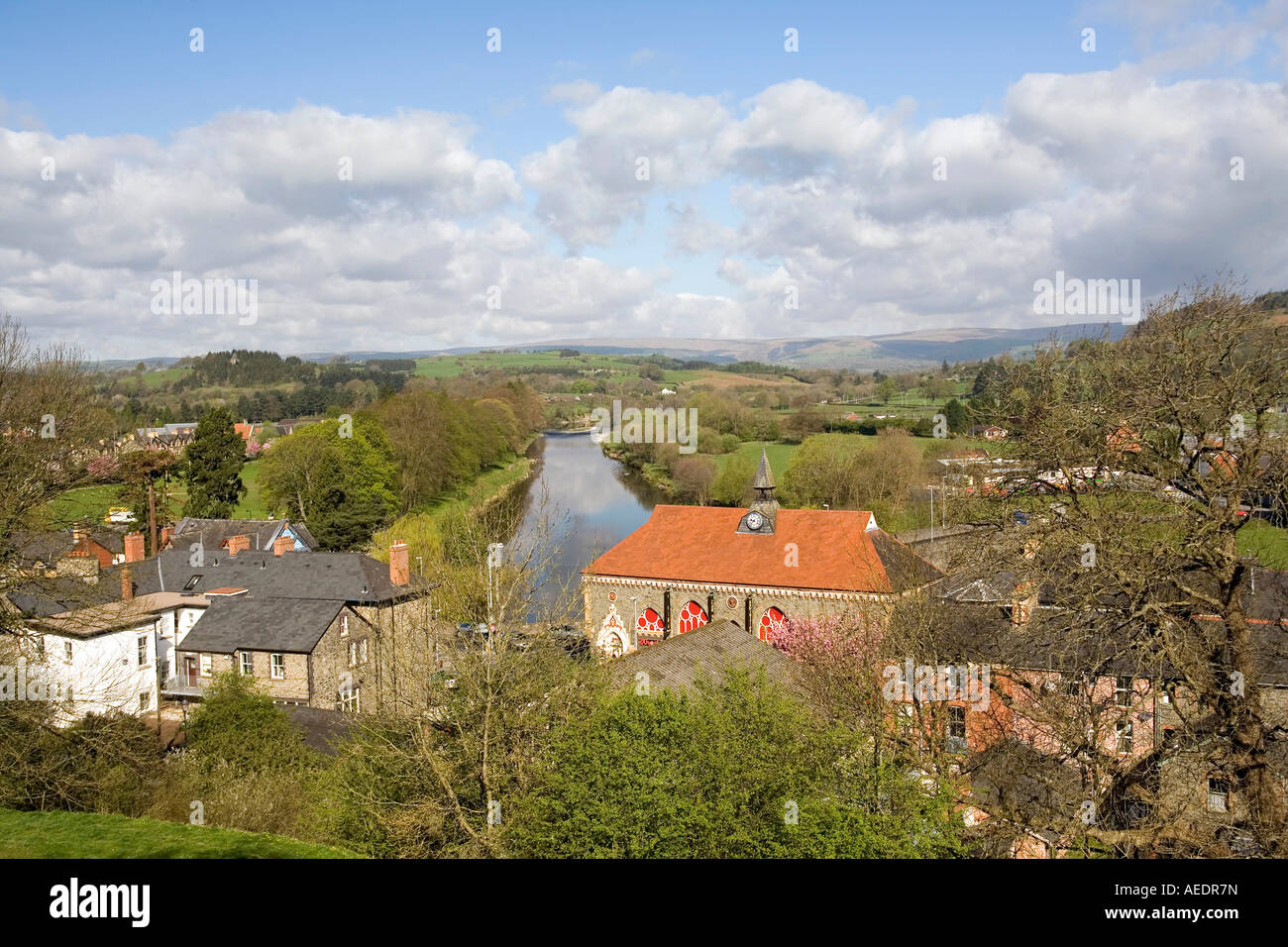 UK Wales Powys Builth Wells River Wye and Wyeside Arts Centre from the castle mound Stock Photo